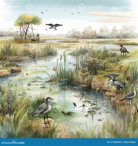 Preserving Wetlands - Lush Ecosystem Teeming with Wildlife Stock Illustration - Illustration of ...