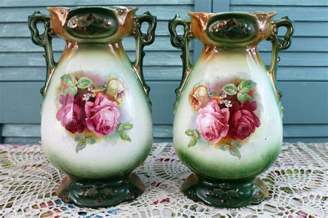 Pair of Antique Twin Handled Vases. Pink Roses Green Gilt. | Etsy ...