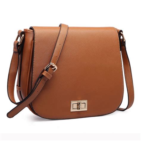 LT1662 - Miss Lulu Leather Look Cross Body Saddle Bag Brown