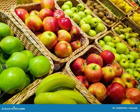 Fruits in Baskets at Grocery Store Stock Photo - Image of background ...