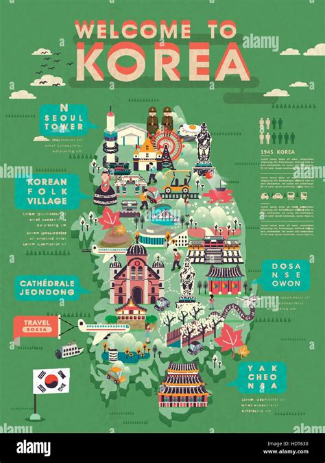 lovely South Korea travel map with abundant attractions Stock Vector ...