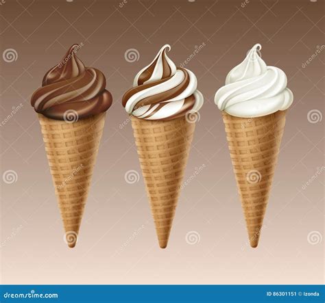 Set of Chocolate White Soft Serve Ice Cream Waffle Cone Stock Vector - Illustration of cocoa ...