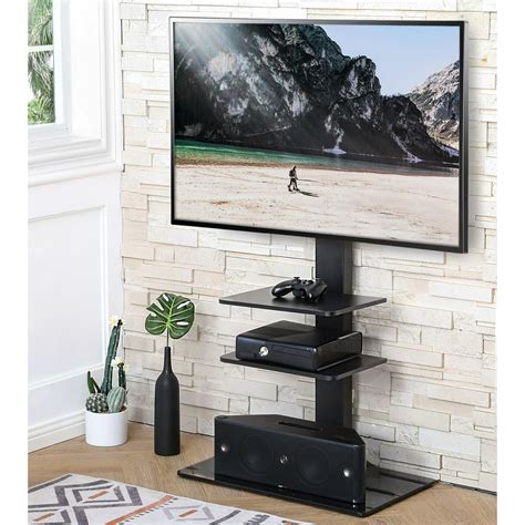 FITUEYES Floor TV Stand with Swivel Mount Glass Base & Two Shelves for ...