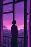 Woman looking at the purple sky through the window | Gallery