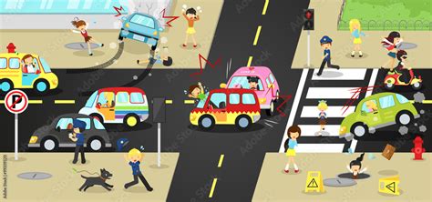 Accidents, danger and safety on traffic road vehicles ars bicycle and careless people on urban ...