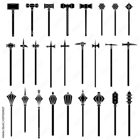 Set of simple monochrome images of medieval war hammers and maces. Stock Vector | Adobe Stock