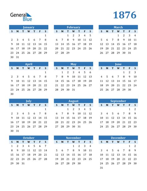 1876 Calendar (PDF, Word, Excel)