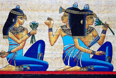 Egyptian Souvenir Papyrus showing 3 girls holding lotus flowers. . Visit www.EgyptToursPlus.com ...