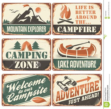 Outdoor Vintage Signs Design | Camping Retro Signs Collection Stock ...