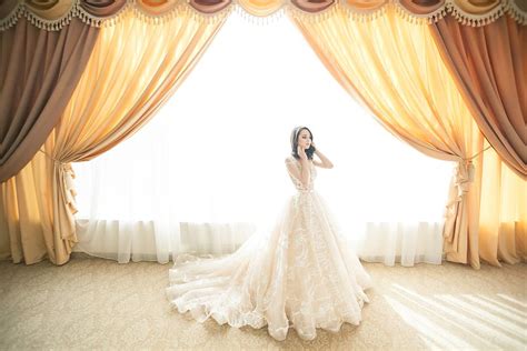 photo, woman, wearing, white, gown, window curtain, curtain, one person ...