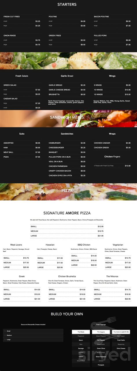 Pizza Amore menu in Colborne, Ontario, Canada