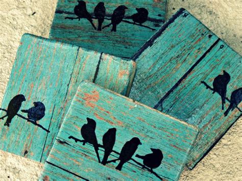 Rustic Coasters--Teal Wood Tile with Birds...set of 4 by Kitchcessories on Etsy https://www.etsy ...