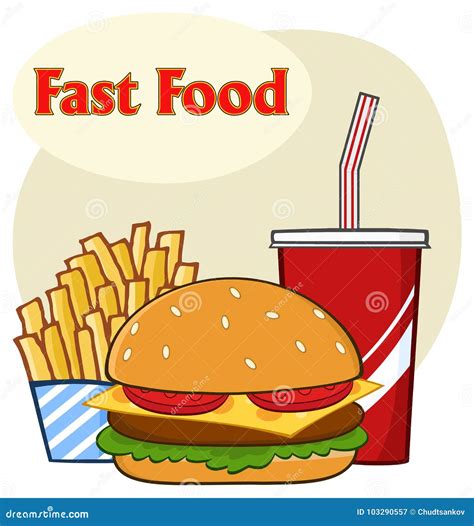 Fast Food Hamburger Drink and French Fries Cartoon Drawing Simple ...