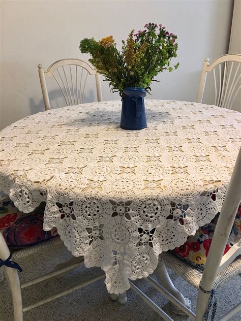 Vintage Crochet Tablecloth Chunky White Cotton Lace | Etsy | Crochet tablecloth, Shabby chic ...