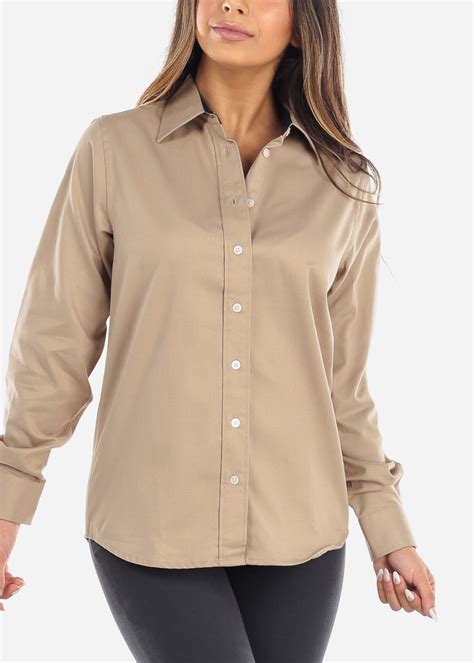 Moda Xpress - Womens Button Down Shirt Long Sleeve Career Wear Khaki ...