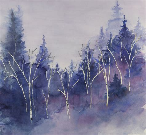 Brisk ASpen trees, pine tree watercolor TamaraGonda.com | Winter watercolor, Abstract watercolor ...