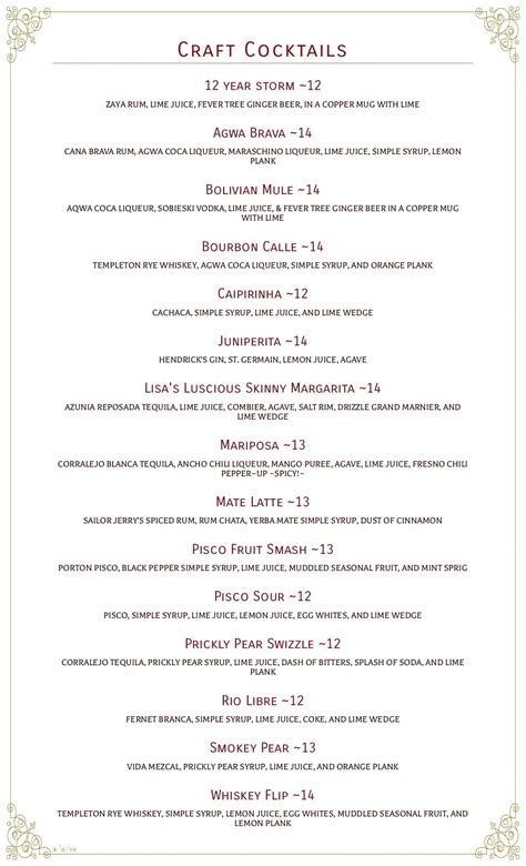 Menu at Mariposa Latin Inspired Grill steakhouse, Sedona