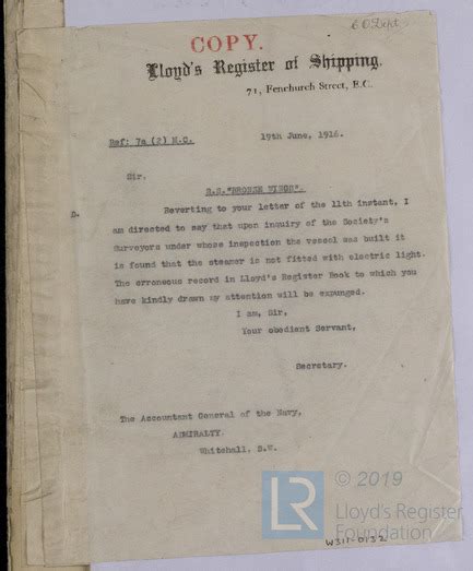 Letter From Secretary Of Lloyd's Register London To The Accountant General Of The Navy Admiralty ...