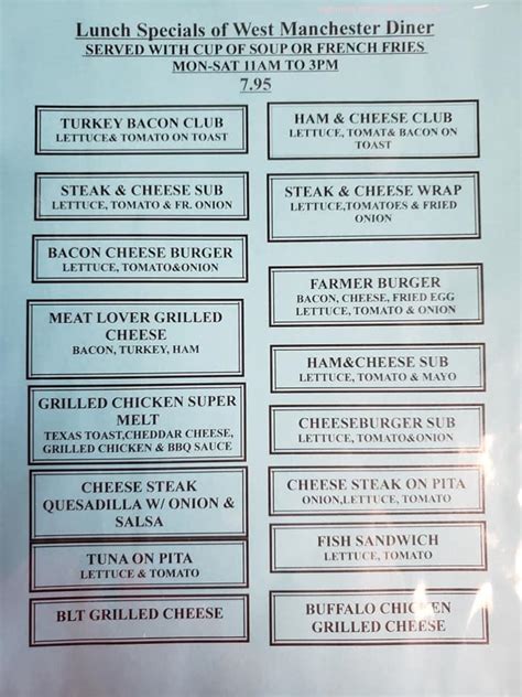 Menu at West Manchester Diner restaurant, York