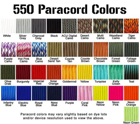 Available Paracord and Tactical Cord Colors