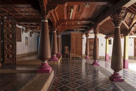 Thinnai (porch) overlooking a Muttram (courtyard) of a traditional Chettinad house in Tamilnadu ...