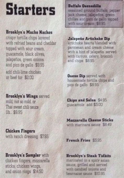 Menu at Brooklyn's pub & bar, Denver, 901 Auraria Pkwy