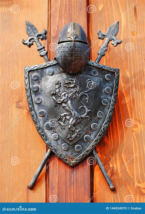 Medieval Knight Helmet and Shield Stock Photo - Image of spears, lion ...