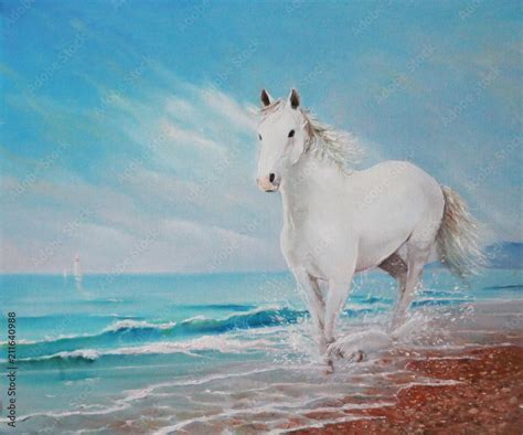 Painting a horse running on the waves. White horse on the beach. Stock ...