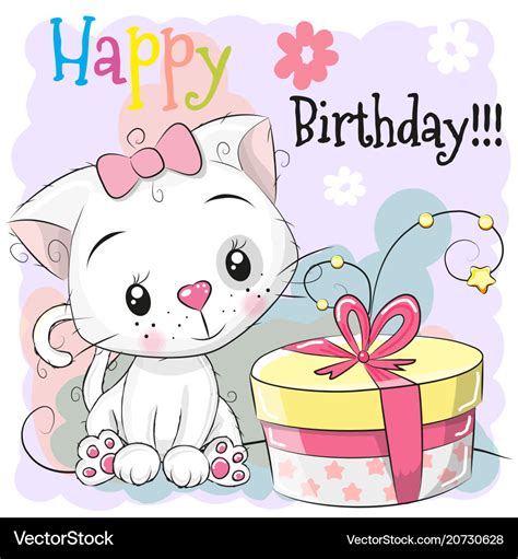 Greeting birthday card cute kitten with gift Vector Image