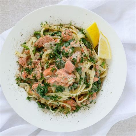 Salmon Fettuccine Alfredo with Spinach, Lemon & Dill | Fettuccine alfredo, Fettuccine, Recipes