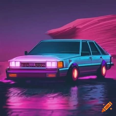 Retro neon lit toyota camry on a synthwave track on Craiyon