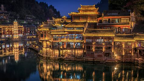 travel destinations, illuminated, historic site, hunan, china ...