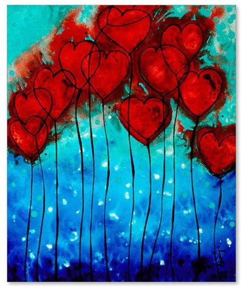 Romantic Heart Art PRINT Hearts On Fire Love Red And Blue Flower Gift Painting Abstract Canvas ...