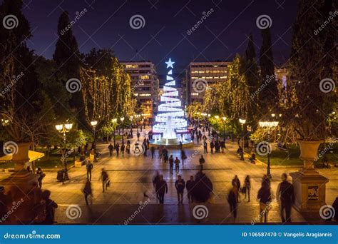 Syntagma Square with Christmas Tree at Night Stock Photo - Image of ...