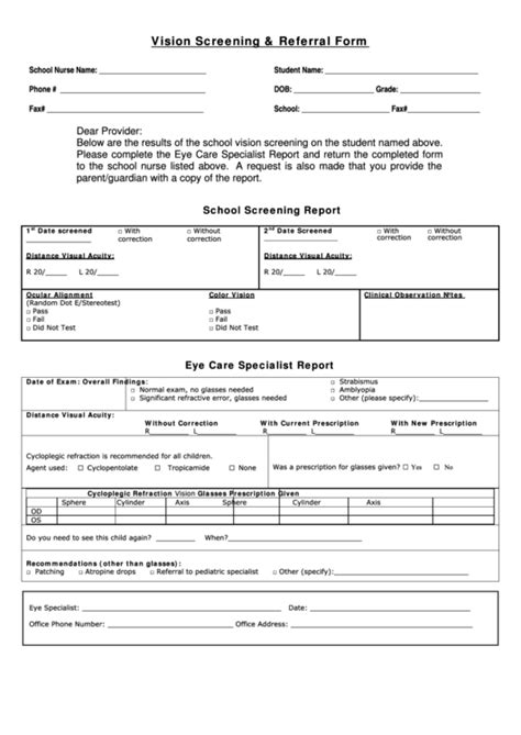 Vision Screening / Referral Form printable pdf download