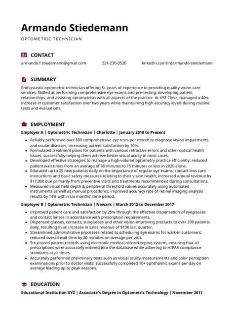 Optometric Technician Resume (CV) Example and Writing Guide