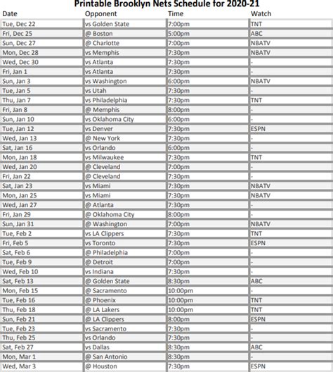 Printable Brooklyn Nets 2020-21 schedule (and TV schedule) - Interbasket