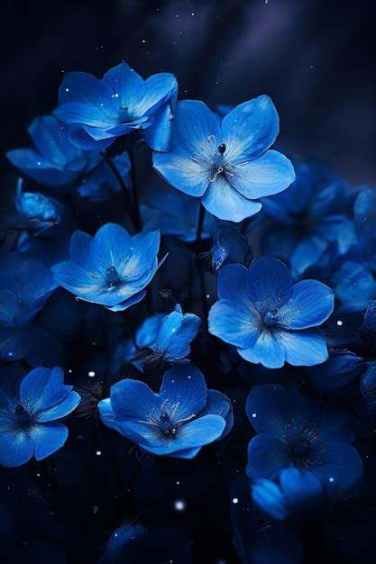 Premium AI Image | blue flowers against dark background in the style of calming and ...