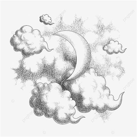 Night Sky Moon Carved Clouds Drawing