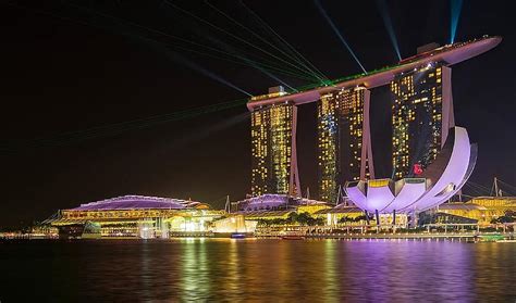 singapore, night, laser show, architecture, water, city, skyline, marina bay sands hotel ...