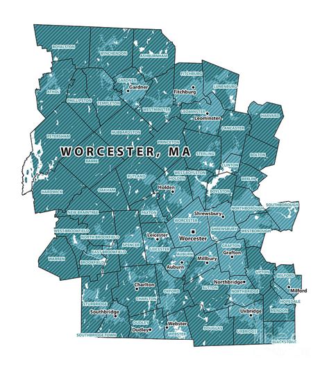 Massachusetts Worcester County Vector Map Digital Art by Frank Ramspott - Pixels