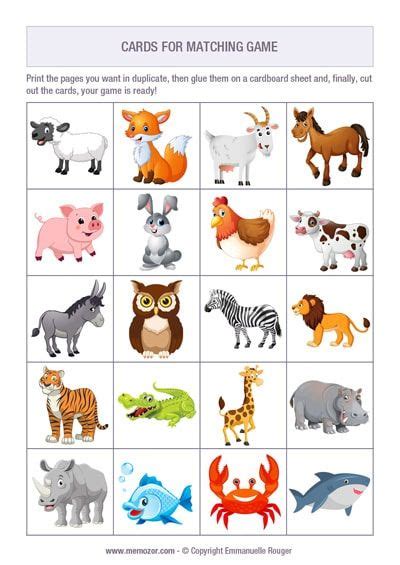 Printable Matching game Animals + 60 cards to cut out | Memozor | Memory games, Memory games for ...