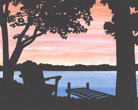 Adirondack Sunset Wall Art Paper Cut Art Lake Dock Scene 8X10