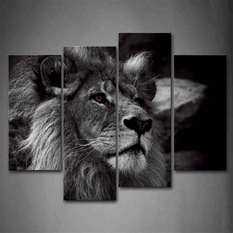 Lion Head Portrait Wall Art Painting Black And White Gray Pictures Print On Canvas 4 Panels ...