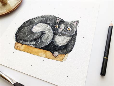 Black Cute Cat in Box Art PRINT Pet Portrait Watercolor - Etsy