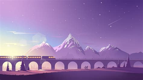 Train, bridge, mountains, minimalistic, digital art, 16:9 ...