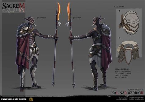 the concept art for kal nar ward's character sheet, showing two men in armor holding torches