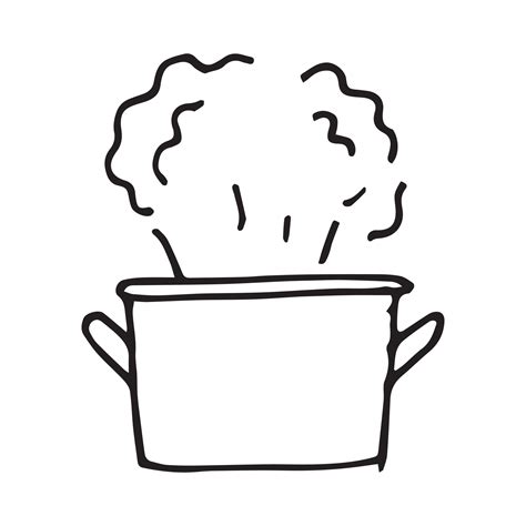 vector drawing in the style of doodle. a boiling pan. metal pan for cooking food with steam over ...