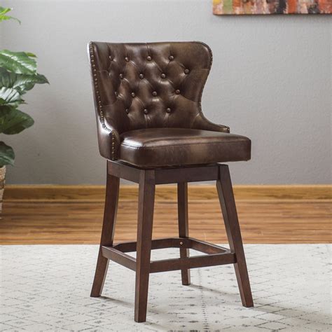 Traditional Wingback Tufted Brown Leather 26" Seat Swivel Counter Stool ...