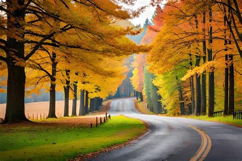 Premium AI Image | a road in the autumn forest